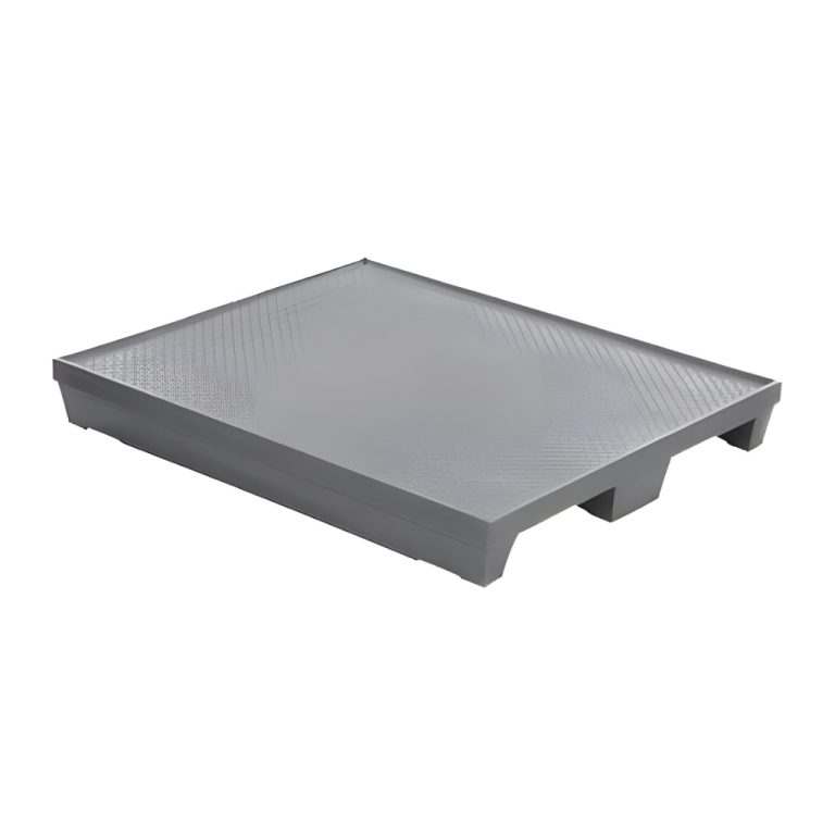 Tarima plástica WT-02 gris 124 x 104 x 17 cm, superficie lisa con ceja perimetral y 2 entradas de patín, carga dinámica 1000 kg para uso industrial