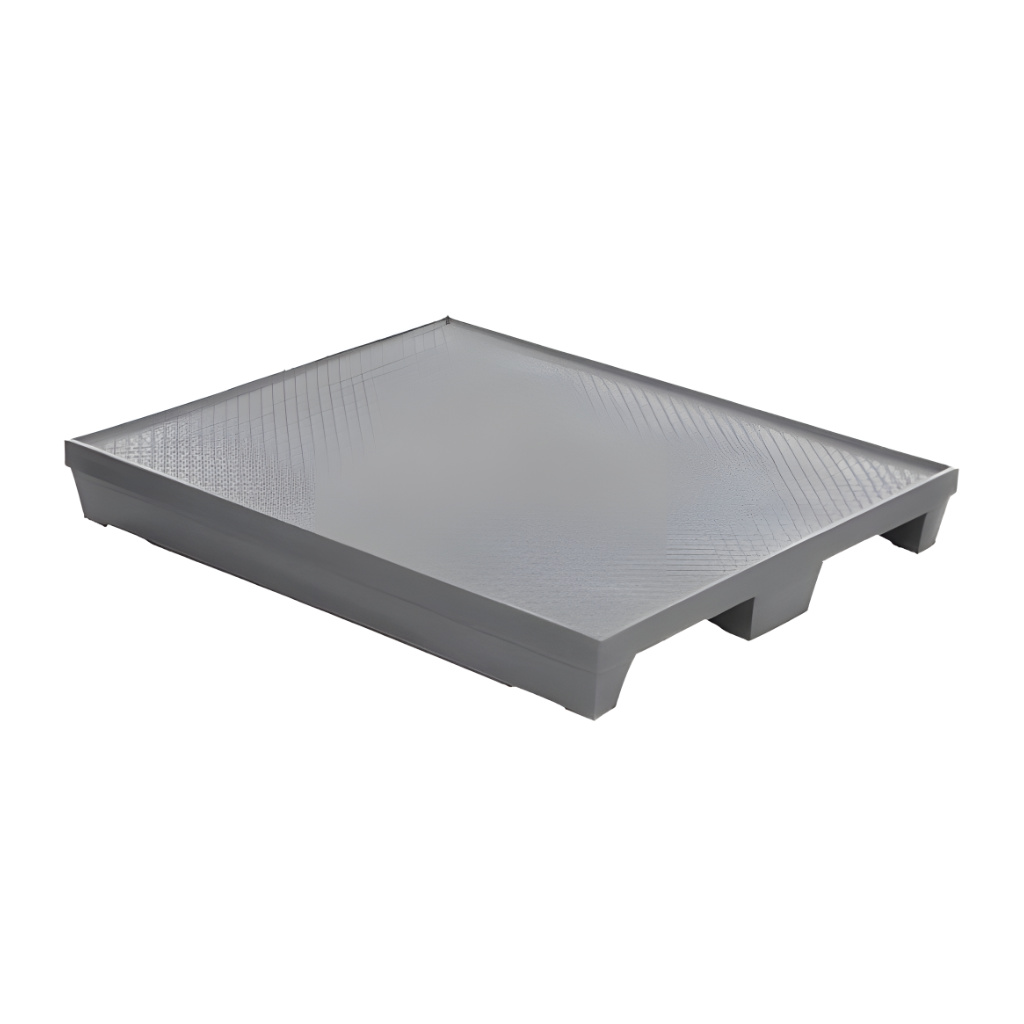 Tarima plástica WT-02 gris 124 x 104 x 17 cm, superficie lisa con ceja perimetral y 2 entradas de patín, carga dinámica 1000 kg para uso industrial