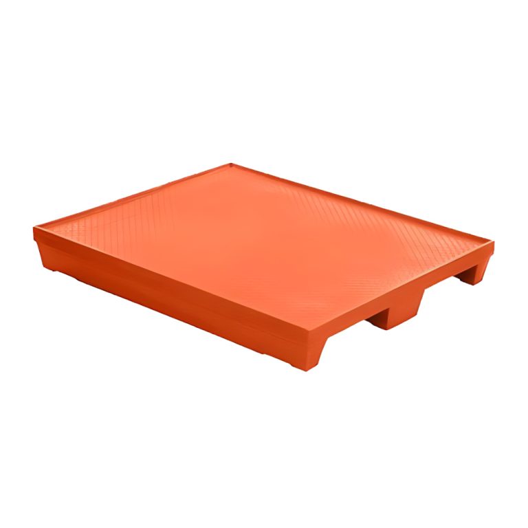 Tarima plástica WT-02 naranja 124 x 104 x 17 cm, superficie lisa con ceja perimetral y 2 entradas de patín, carga dinámica 1000 kg para uso industrial