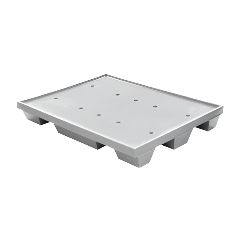 Tarima plástica WT-04 gris 120 x 95 x 17 cm, superficie lisa con ligera ceja perimetral y 3 patines, carga aproximada 1000 kg para uso industrial.