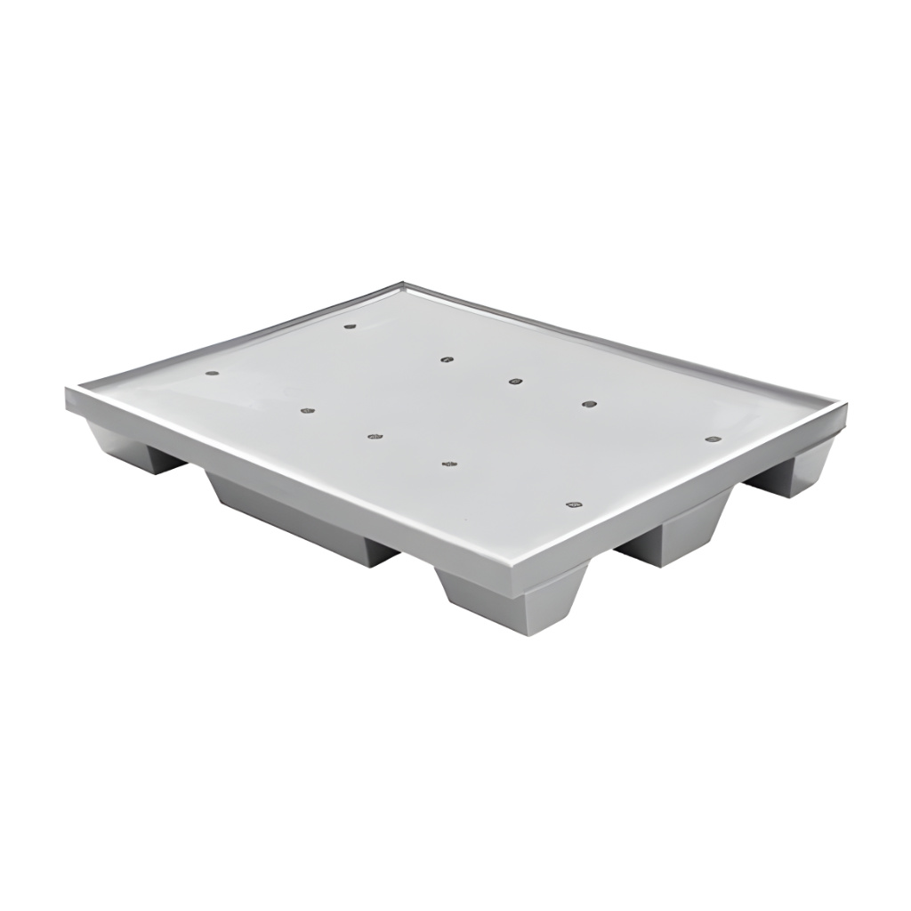 Tarima plástica WT-04 gris 120 x 95 x 17 cm, superficie lisa con ligera ceja perimetral y 3 patines, carga aproximada 1000 kg para uso industrial.