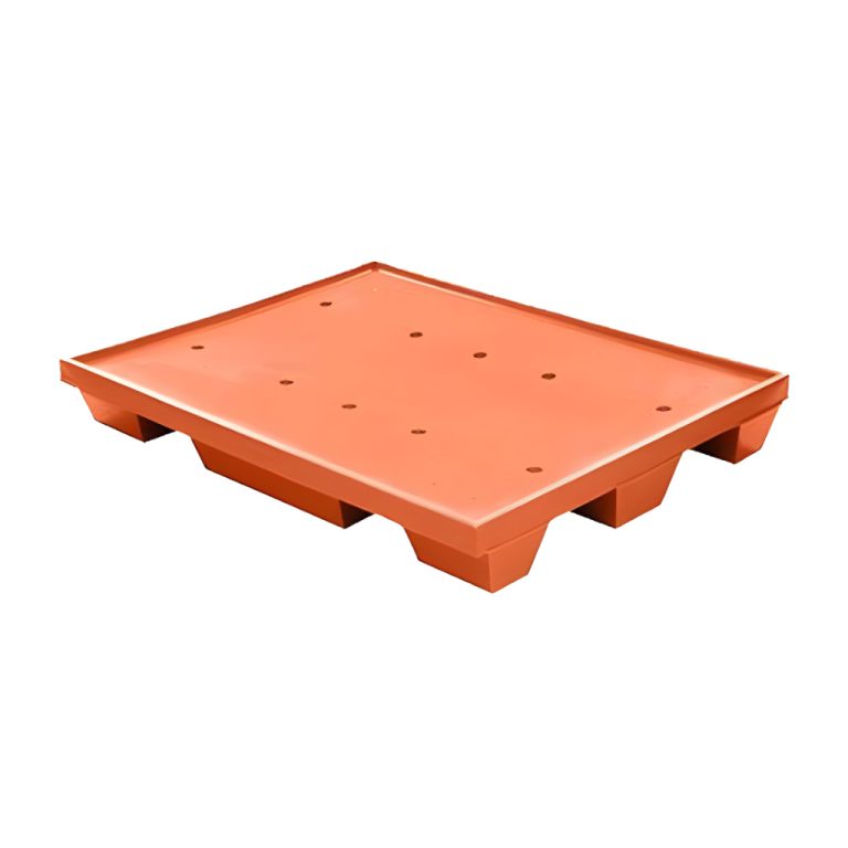 Tarima plástica WT-04 naranja 120 x 95 x 17 cm, superficie lisa con ligera ceja perimetral y 3 patines, carga aproximada 1000 kg para uso industrial.