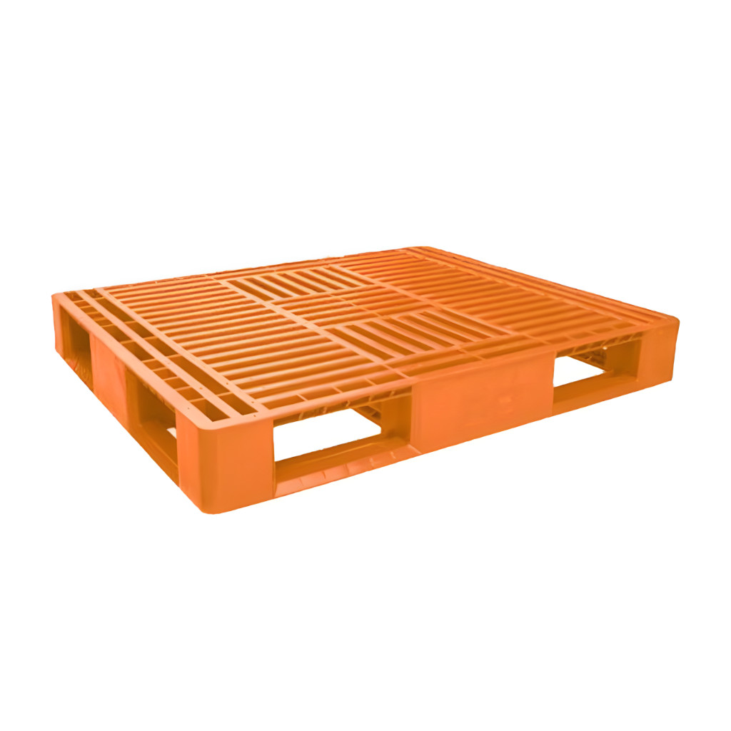 Tarima plástica Tipo Americano naranja 124 x 103 x 15.5 cm, pallet calado multipropósito, 3000 kg estática, 1500 kg dinámica.