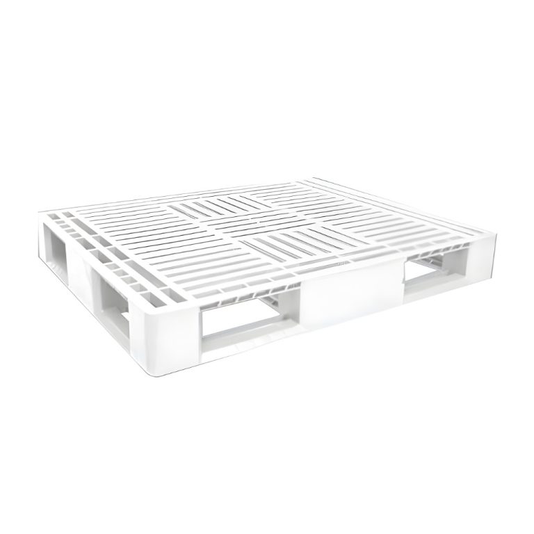 Tarima Tipo Americano blanca grado alimenticio 124 x 103 x 15.5 cm, pallet plástico calado para industria alimentaria y farmacéutica.