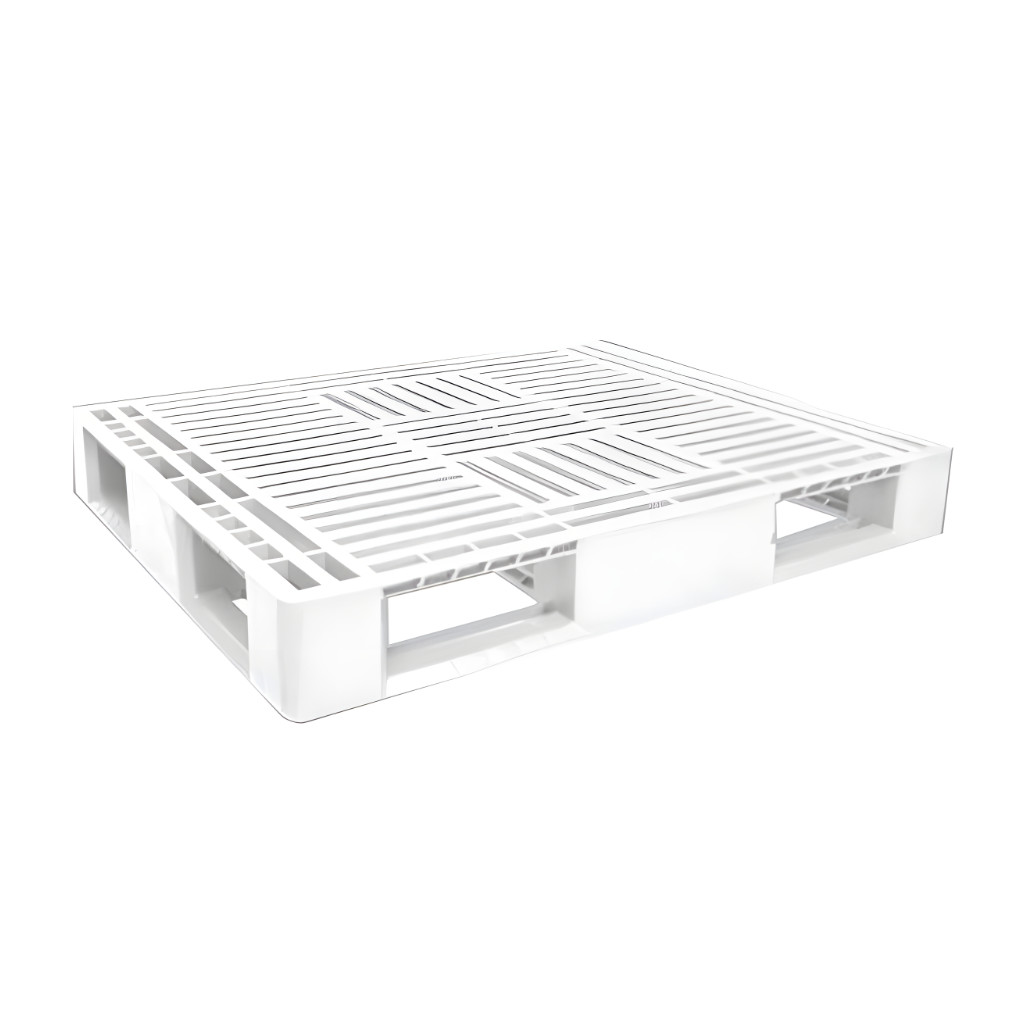 Tarima Tipo Americano blanca grado alimenticio 124 x 103 x 15.5 cm, pallet plástico calado para industria alimentaria y farmacéutica.
