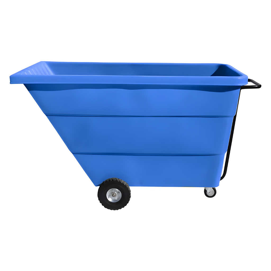 Volquete volcador 1000 litros azul, carro industrial de gran capacidad para materiales, manejo y vaciado en fábricas