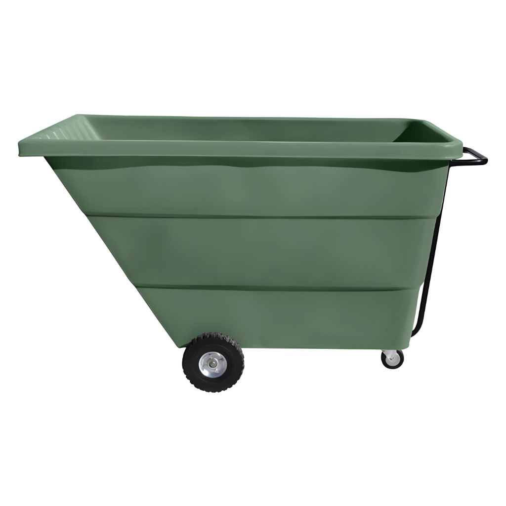 Volquete volcador 1000 litros verde, carro industrial para manejo, traslado y vaciado de materiales o residuos en fábricas y almacenes