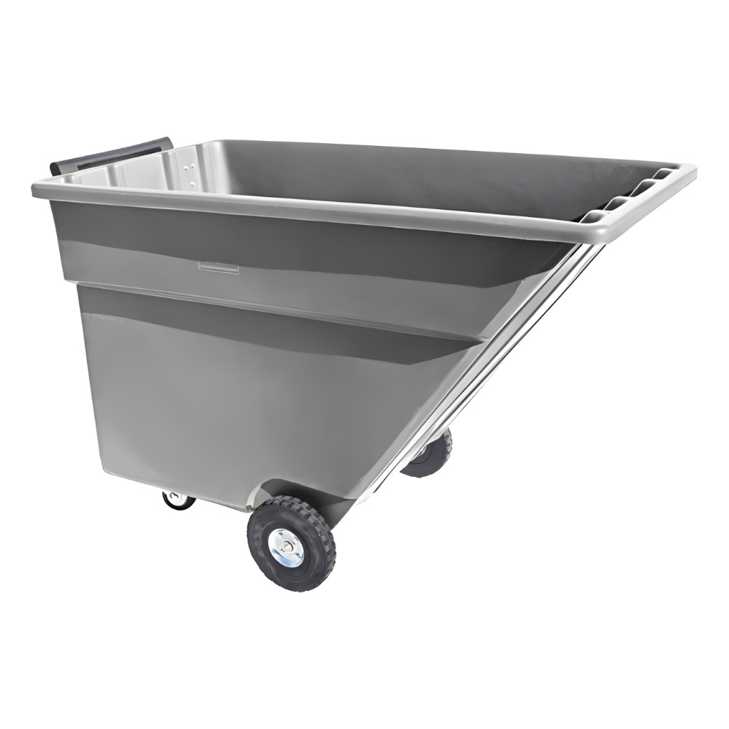 Volquete volcador 750 litros gris industrial, contenedor robusto para manejo y vaciado de materiales