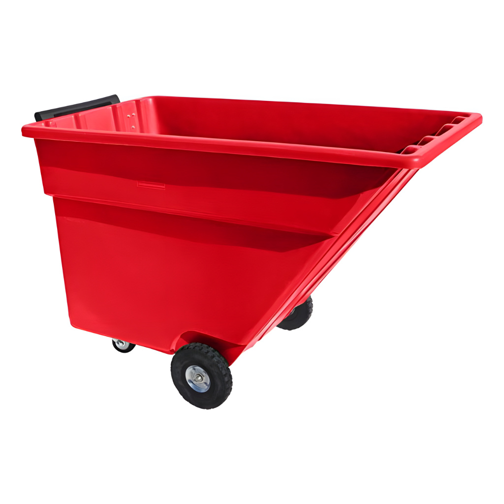 Volquete volcador 750 litros rojo industrial, contenedor para recolección y vaciado de materiales o residuos en plantas y fábricas